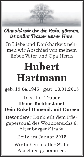 Traueranzeige von Hubert Hartmann von Super Sonntag Zeitz