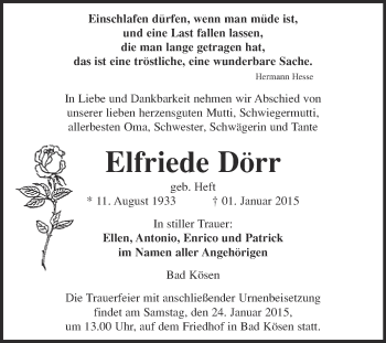 Traueranzeige von Elfriede Dörr von WVG - Wochenspiegel NMB / WSF / ZTZ