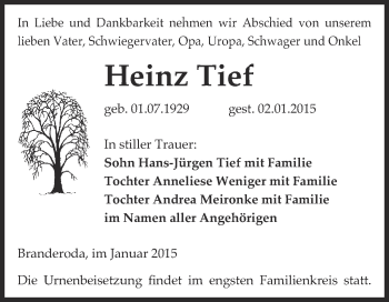 Traueranzeige von Heinz Tief von WVG - Wochenspiegel Merseburg