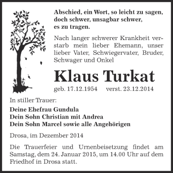 Traueranzeige von Klaus Turkat von WVG - Wochenspiegel Dessau / Köthen