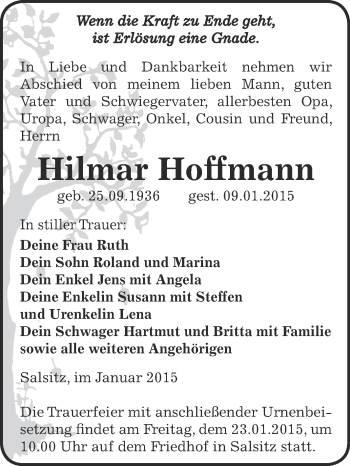 Traueranzeige von Hilmar Hoffmann von Super Sonntag Zeitz