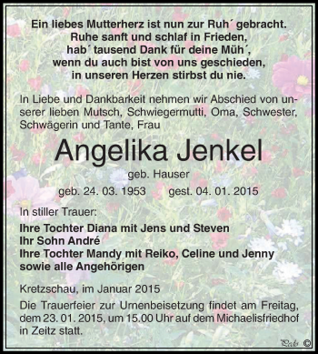 Traueranzeige von Angelika Jenkel von Super Sonntag Zeitz