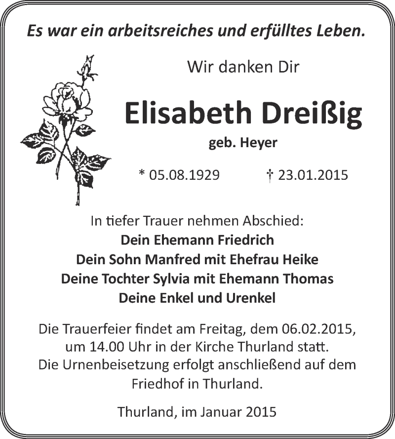  Traueranzeige für Elisabeth Dreißig vom 28.01.2015 aus WVG - Wochenspiegel Bitterfeld