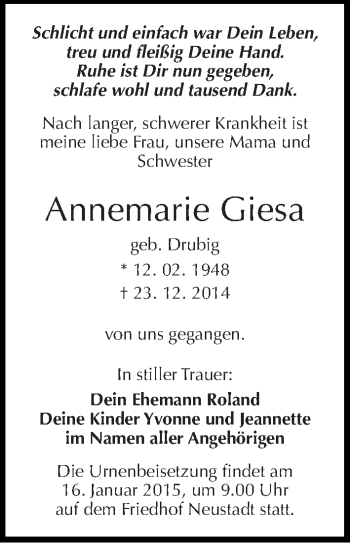 Traueranzeige von Annemarie Giesa von Mitteldeutsche Zeitung Halle/Saalkreis
