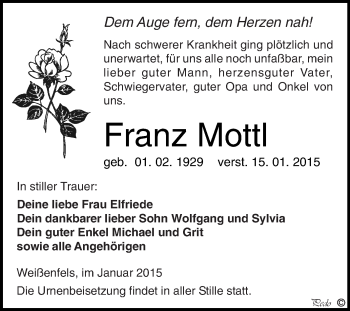 Traueranzeige von Franz Mottl von WVG - Wochenspiegel NMB / WSF / ZTZ