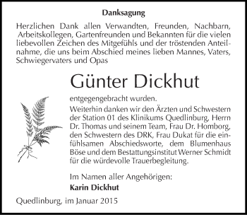 Traueranzeige von Günter Dickhut von Mitteldeutsche Zeitung Quedlinburg