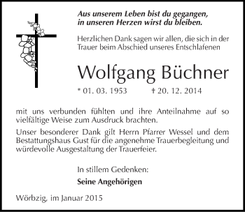 Traueranzeige von Wolfgang Büchner von Mitteldeutsche Zeitung Köthen