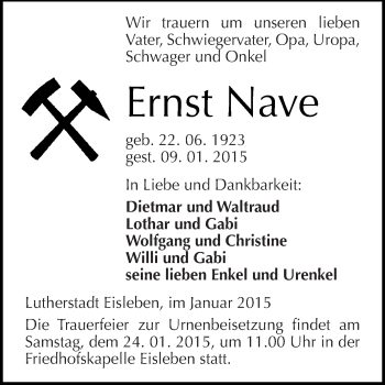 Traueranzeige von Ernst Nave von Super Sonntag SGH Mansf. Land