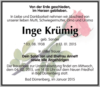 Traueranzeige von Inge Krümig von Mitteldeutsche Zeitung Merseburg/Querfurt