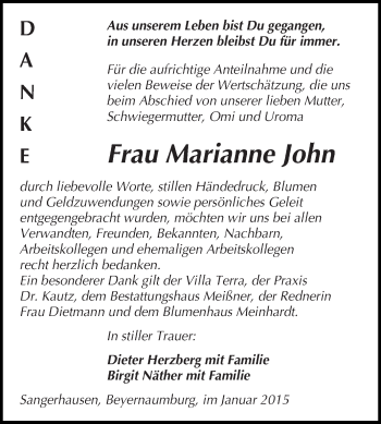 Traueranzeige von Marianne John von WVG - Wochenspiegel SGH