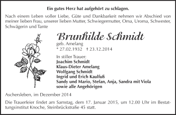 Traueranzeige von Brunhilde Schmidt von WVG - Wochenspiegel Aschersleben