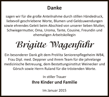 Traueranzeige von Brigitte Wagenführ von Super Sonntag Bernburg