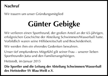 Traueranzeige von Günter Gebigke von Mitteldeutsche Zeitung Mansfelder Land