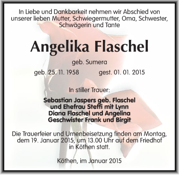 Traueranzeige von Angelika Flaschel von Mitteldeutsche Zeitung Köthen