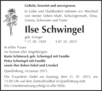 Traueranzeige von Ilse Schwingel von WVG - Wochenspiegel Quedlinburg
