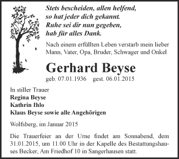 Traueranzeige von Gerhard Beyse von WVG - Wochenspiegel SGH