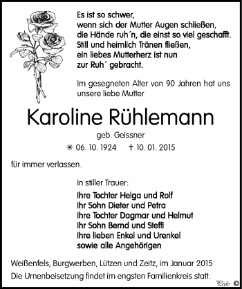 Traueranzeige von Karoline Rühlemann von Mitteldeutsche Zeitung Weißenfels