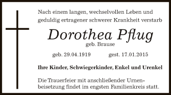 Traueranzeige von Dorothea Pflug von WVG - Wochenspiegel Dessau / Köthen