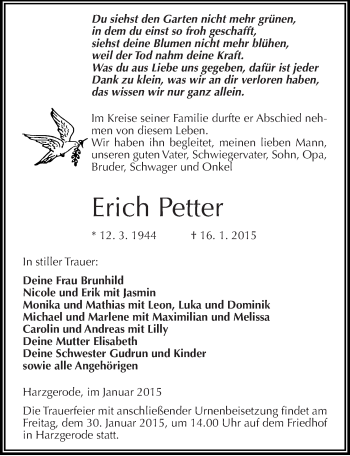 Traueranzeige von Erich Petter von Mitteldeutsche Zeitung Quedlinburg