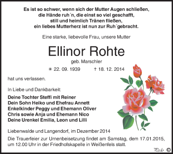 Traueranzeige von Ellinor Rohte von WVG - Wochenspiegel NMB / WSF / ZTZ