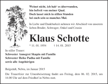 Traueranzeige von Klaus Schotte von WVG - Wochenspiegel NMB / WSF / ZTZ