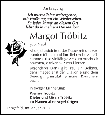 Traueranzeige von Margot Tröbitz von Mitteldeutsche Zeitung Naumburg/Nebra