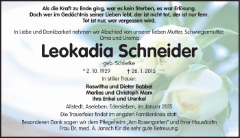 Traueranzeige von Leokadia Schneider von Mitteldeutsche Zeitung Sangerhausen