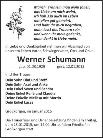 Traueranzeige von Werner Schumann von WVG - Wochenspiegel Wittenberg