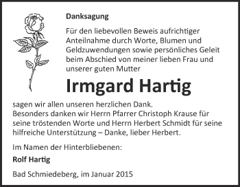 Traueranzeige von Irmgard Hartig von WVG - Wochenspiegel Wittenberg