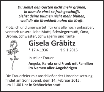 Traueranzeige von Gisela Gräbitz von WVG - Wochenspiegel Wittenberg