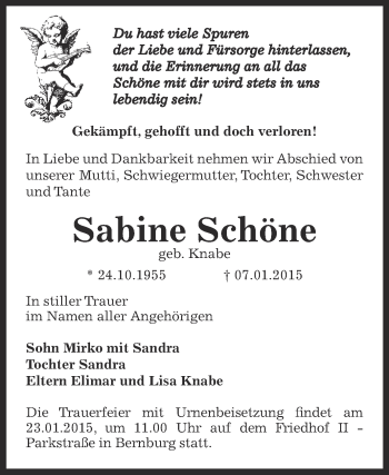 Traueranzeige von Sabine Schöne von Super Sonntag Bernburg