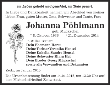 Traueranzeige von Johanna Pöhlmann von Super Sonntag Zeitz