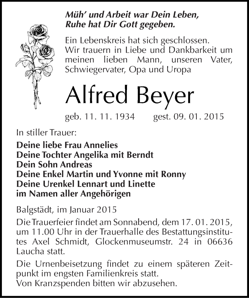  Traueranzeige für Alfred Beyer vom 14.01.2015 aus Mitteldeutsche Zeitung Naumburg/Nebra