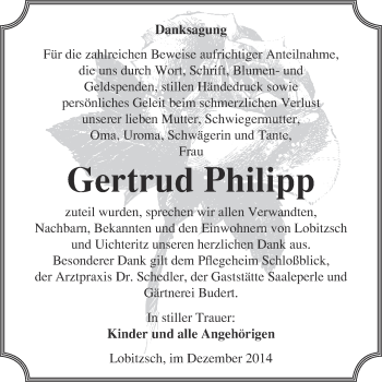 Traueranzeige von Gertrud Philipp von WVG - Wochenspiegel NMB / WSF / ZTZ