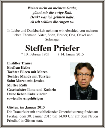 Traueranzeige von Steffen Priefer von Super Sonntag Bernburg