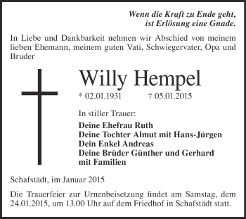 Traueranzeige von Willy Hempel von WVG - Wochenspiegel Merseburg