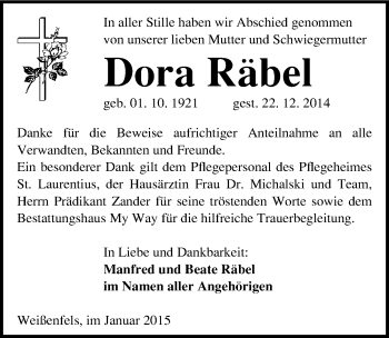 Traueranzeige von Dora Räbel von Mitteldeutsche Zeitung Weißenfels