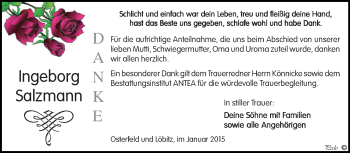 Traueranzeige von Ingeborg Salzmann von Super Sonntag Zeitz