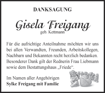Traueranzeige von Gisela Freigang von WVG - Wochenspiegel Dessau / Köthen