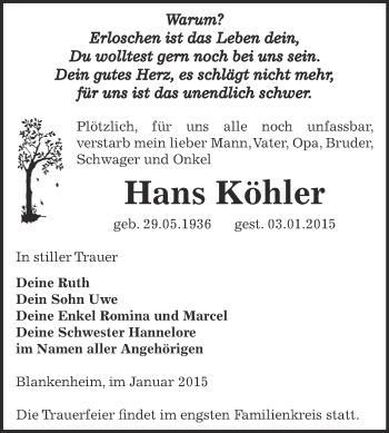 Traueranzeige von Hans Köhler von WVG - Wochenspiegel SGH