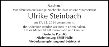 Traueranzeige von Ulrike Steinbach von Mitteldeutsche Zeitung Halle/Saalkreis