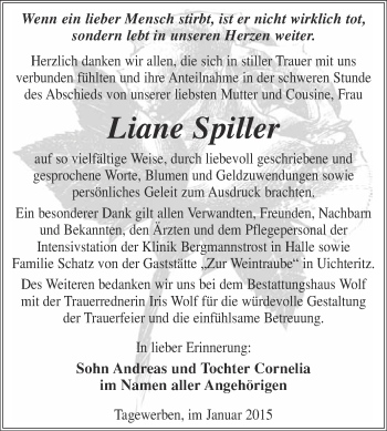 Traueranzeige von Liane Spiller von WVG - Wochenspiegel NMB / WSF / ZTZ