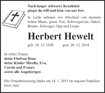Traueranzeige von Herbert Hewelt von WVG - Wochenspiegel NMB / WSF / ZTZ