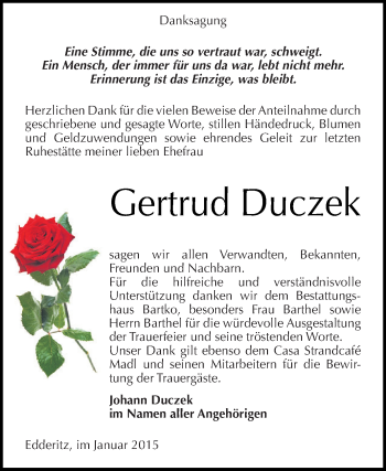 Traueranzeige von Gertrud Duczek von WVG - Wochenspiegel Dessau / Köthen