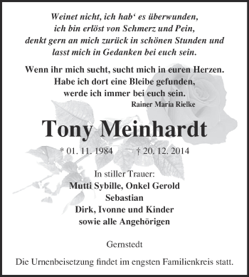 Traueranzeige von Tony Meinhardt von WVG - Wochenspiegel NMB / WSF / ZTZ