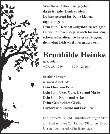 Traueranzeige von Brunhilde Heinke von WVG - Wochenspiegel Wittenberg