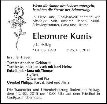 Traueranzeige von Eleonore Kunis von Mitteldeutsche Zeitung Köthen