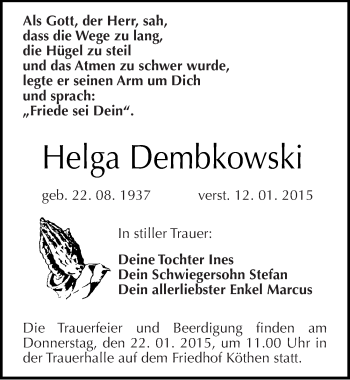 Traueranzeige von Helga Dembkowski von Mitteldeutsche Zeitung Köthen