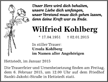 Traueranzeige von Wilfried Kohlberg von Mitteldeutsche Zeitung Mansfelder Land