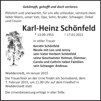 Traueranzeige von Karl-Heinz Schönfeld von WVG - Wochenspiegel Quedlinburg